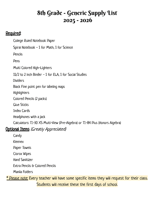 8th Grade Supply List